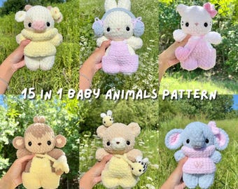 May include: A collection of six crocheted plush animals including a cow, rabbit, cat, monkey, bear, and elephant, each wearing different outfits. The image features the text 15 IN 1 BABY ANIMALS PATTERN and 6 animals + 9 clothing/accessory options.
