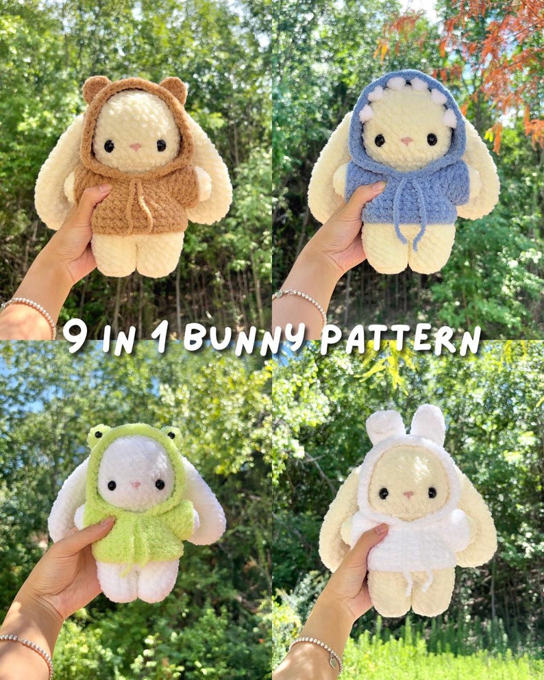 May include: Four handmade crochet bunny dolls, each wearing a different colored hoodie. The bunnies are cream-colored with black eyes and a small nose. The hoodies are brown, blue, green, and white. The text "9 IN 1 BUNNY PATTERN" is displayed.