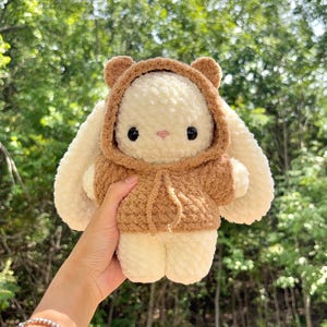 May include: A handmade, plush bunny wearing a brown hooded jacket. The bunny has cream-colored fur, large floppy ears, and black button eyes. The background is a blurred view of green trees.