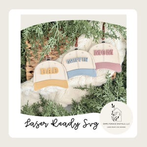 Hat Leather Patch Ornament SVG, Child Name Ornament File, Baseball Hat Ornament Digital File, Family Kids Christmas Ornament File, Glowforge