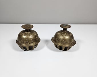 2 Vintage Antique Indian Elephant Claw Bell Brass Floral Leaf Etching 2.75”