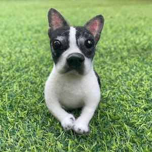 Scultura commemorativa personalizzata in feltro di Boston Terrier – Replica realistica del ritratto di cane in lana – Statuina di cane fatta a mano – Regalo ricordo per il proprietario