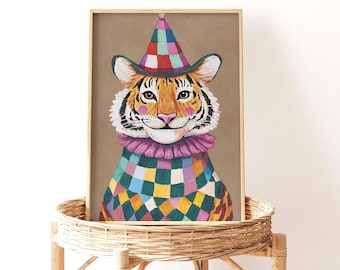 Schattige tijger illustratie - retro kinderkamer kunst - jungle dieren kinderkamer muurdecoratie print