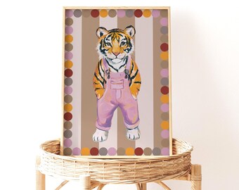 Retro Tiger Poster - Jungle Animal Wall Art for Kids Room - Nursery Decor Print - Vintage Kids Bedroom Art - Cute Tiger Illustration