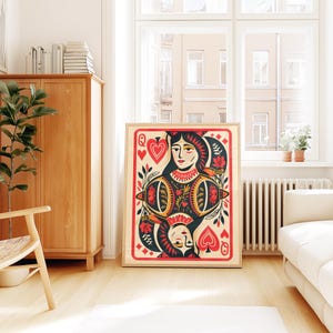 Hartenkoningin muurkunst | Vintage speelkaartposter | Vetgedrukte bohokunstprint | Casinodecoratie | Cadeau kaartspelliefhebber | Retrokunst