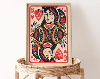 Queen of Hearts Digital Print | Vintage Playing Card Wall Art | Boho Poker Decor | Retro Casino Artwork | Instant Download Printable