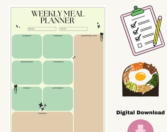 Planificateur de repas hebdomadaire imprimable, journal alimentaire, suivi de repas, journal alimentaire, planificateur de préparation de repas