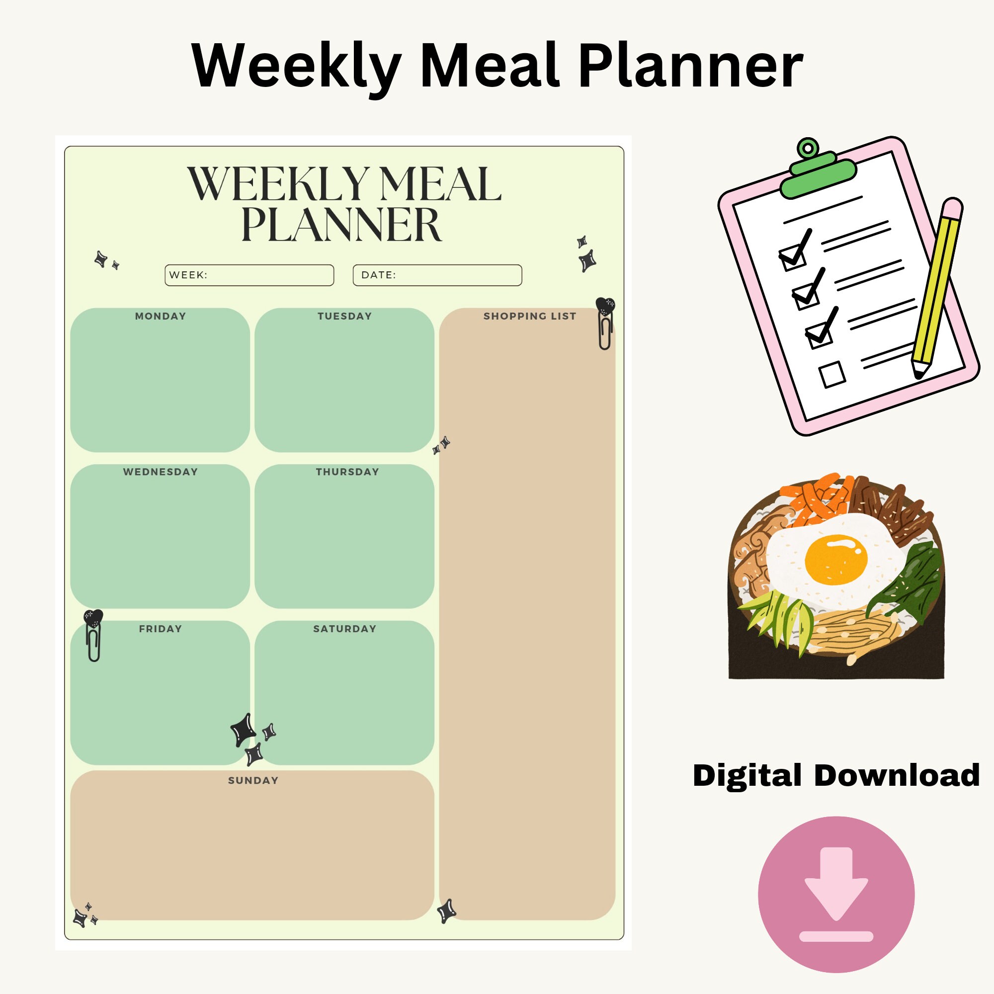 Printable Weekly Meal Planner , Food Diary, Meal Tracker, Food Journal ...