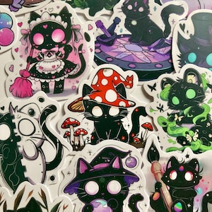 Autocollants Étanches de Chat Noir d’Horreur - Pack Halloween 50 Pièces : Stickers Graffiti de Dessin Animé pour Enfants et Décoration DIY