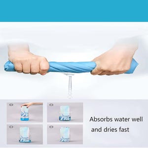 May include: A blue microfiber cloth being wrung out, demonstrating its absorbency. The cloth is shown in four separate images, being submerged in water and then drying quickly.  The text "Absorbs water well and dries fast" is displayed below the images.