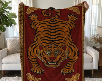 Manta de tigre del Tíbet, manta con estampado animal, diseño vintage, decoración acogedora para el hogar, ropa de cama decorativa, estampado de tigre feroz, manta única