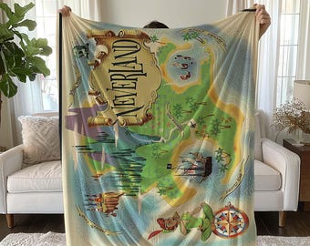 Filt med karta över Neverland, fantasipiratfilt, magisk pläd, barnrumsinredning, äventyrsfilt, sagobokskonst, unik pläd, nyckfull karta