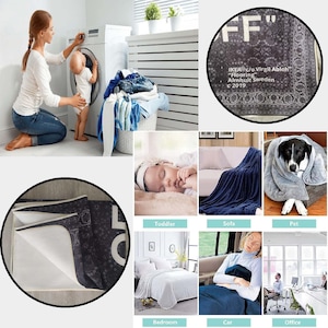 K&ouml;nnte beinhalten: Eine Collage von Bildern, die verschiedene M&ouml;glichkeiten zeigen, wie man eine schwarze und wei&szlig;e gemusterte Wolldecke verwenden kann. Die Decke ist auf einem Sofa, in einem Auto, auf einem Bett, in einem B&uuml;ro und auf einem Haustier zu sehen. Der Text "FF" und "IKEA c/o Virgil Abloh" ist im Bild sichtbar.