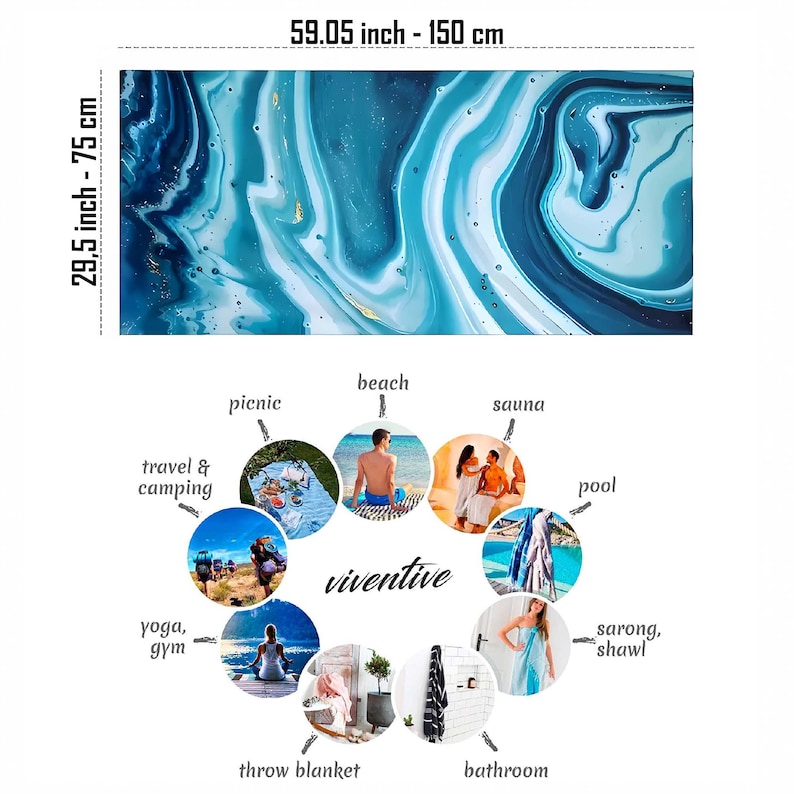 May include: A blue and white abstract patterned beach towel with gold accents. The towel is 59.05 inches by 29.5 inches. The towel is shown in a variety of settings, including a beach, a pool, a sauna, a picnic, a yoga studio, a bathroom, and a camping trip. The towel is described as being perfect for a variety of uses, including as a sarong, a shawl, a throw blanket, and a bath towel.