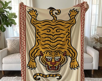 Manta de tigre, diseño vintage de tigre, manta decorativa, manta con estampado animal, tigre acogedor, manta única, ropa de cama cálida, diseño oriental