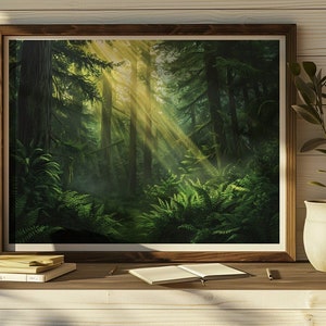 Pacific North West wall art, Sunlight forest poster,  Sun ray printable, Plants poster,  Nature outdoors print, Instant Download