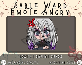Könnte beinhalten: Eine digitale Illustration einer Comicfigur mit weißen Haaren, violetten Strähnen und einem schwarz-weißen Outfit. Die Figur hat ein rotes, wütendes Gesicht und verschränkt die Arme. Der Text "SABLE WARD EMOTE ANGRY" befindet sich oben im Bild. Der Text "112X112 | 56X56 | 28X28" befindet sich unten im Bild. Der Text "@NORTHERN_LOTUSTTV" befindet sich links im Bild. Der Text "@NORTHERN_LOTUS" befindet sich rechts im Bild.