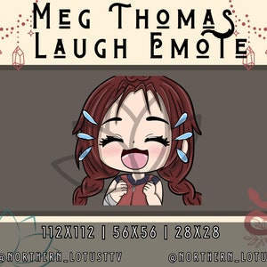 Puede incluir: Una ilustración de dibujos animados de una mujer con cabello rojo riendo con lágrimas en los ojos. La imagen está en un marco cuadrado con el texto "MEG THOMAS LAUGH EMOTE" en la parte superior y "112X112 | 56X56 | 28X28" en la parte inferior. El texto "@NORTHERN_LOTUSTTV" está a la izquierda y "@NORTHERN_LOTUS" está a la derecha.
