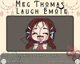 Könnte beinhalten: Eine Cartoon-Illustration einer Frau mit roten Haaren, die lacht und Tränen in den Augen hat. Das Bild ist in einem quadratischen Rahmen mit dem Text "MEG THOMAS LAUGH EMOTE" oben und "112X112 | 56X56 | 28X28" unten. Der Text "@NORTHERN_LOTUSTTV" befindet sich links und "@NORTHERN_LOTUS" rechts.