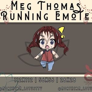 May include: A cartoon illustration of a woman with red hair, wearing a red tank top and blue pants, running with a surprised expression. The image is titled "Meg Thomas Running Emote" and includes the text "112x112 | 56x56 | 28x28" and social media handles "@northern_lotusttv" and "@northern_lotus".