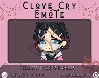 Könnte beinhalten: Digitalzeichnung eines weinenden Anime-Charakters mit schwarzen Haaren, rosa Highlights und Katzenohren. Der Charakter trägt ein schwarzes Hemd mit "HELLO" und eine rosa Jacke. Das Bild trägt die Aufschrift "CLOVE CRY EMOTE" mit Größenoptionen.