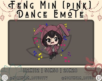 Könnte beinhalten: Eine digitale Illustration eines Charakters in einem rosa Hasen-Hoodie, der tanzt und von Musiknoten umgeben ist. Der Text lautet "FENG MIN (PINK) DANCE EMOTE". Bildgrößen: 112x112, 56x56 und 28x28.
