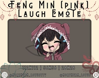Könnte beinhalten: Ein rosa Cartoon-Charakter mit Hasenohren, der einen rosa Hoodie trägt und mit Tränen in den Augen lacht. Der Text "FENG MIN [PINK] LAUGH EMOTE" befindet sich über dem Charakter. Der Text "112X112 | 56X56 | 28X28" befindet sich unter dem Charakter. Der Text "@NORTHERN_LOTUSTTV" befindet sich unter dem Text "112X112 | 56X56 | 28X28". Der Text "@NORTHERN_LOTUS" befindet sich unter dem Text "@NORTHERN_LOTUSTTV".