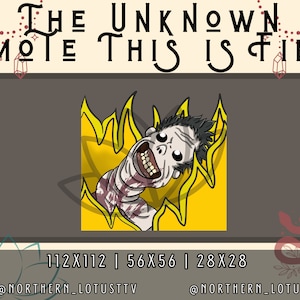 May include: A digital illustration of a cartoon character with a wide smile, appearing to be on fire. The character is surrounded by yellow flames. The text "THE UNKNOWN EMOTE THIS IS FINE" is above the character. The text "112X112 | 56X56 | 28X28" is below the character. The text "@NORTHERN_LOTUSTTV" is below the text "112X112 | 56X56 | 28X28". The text "@NORTHERN_LOTUS" is below the text "@NORTHERN_LOTUSTTV".