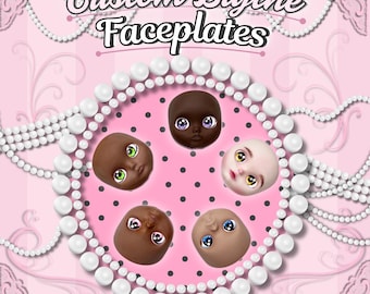 May include: Five custom Blythe doll faceplates with varying skin tones and eye colors arranged in a circle on a pink polka dot background. The text Custom Blythe Faceplates is displayed at the top, framed by white pearl strings and lace.