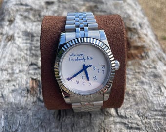 orologio automatico personalizzato "chi se ne frega sono già in ritardo" lunetta scanalata e bracciale jubilee