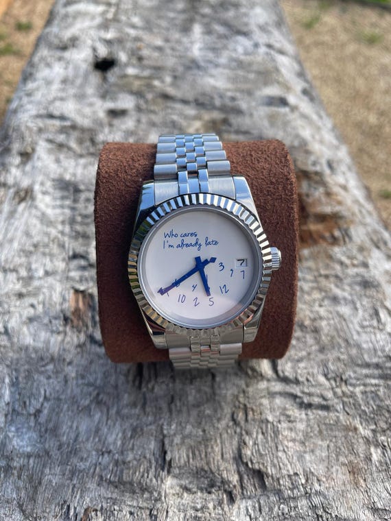 Custom who Cares I m Already Late Automatic Watch Fluted Bezel and Jubilee Bracelet Etsy UK