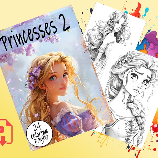 Coloring Page | 24 Pages | Princesses 2 |A4(210x297mm)| PDF Instant Download | Black and White| Scales of Grey | Art for Every Age