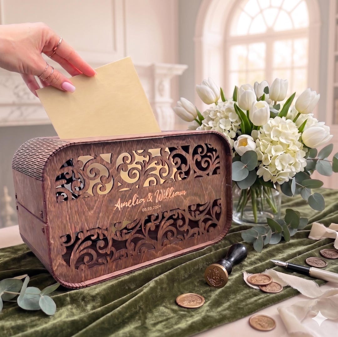 Personalized Rustic Wedding Card Box, Engraved Wooden Money Holder ...