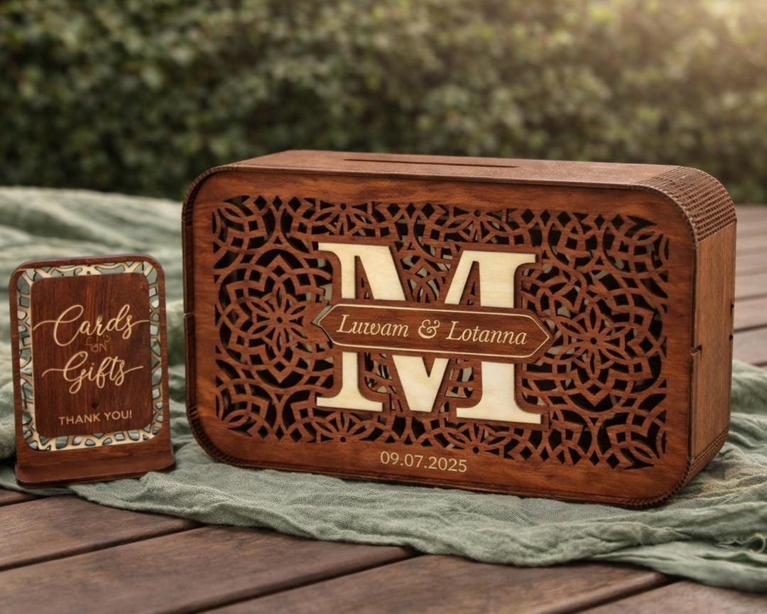 Personalized Rustic Wooden Wedding Card Box With Slot Monogram Keepsake ...