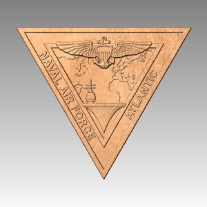 May include: A wooden triangular plaque with the text "NAVAL AIR FORCE ATLANTIC" and a carved image of an eagle with wings spread, a globe, and a ship.