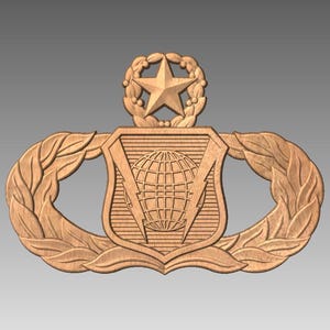 Puede incluir: Talla en relieve de madera de una insignia militar. La insignia presenta una estrella dentro de una corona de laurel en la parte superior, un escudo con un globo y rayos en el centro y ramas de laurel a ambos lados.