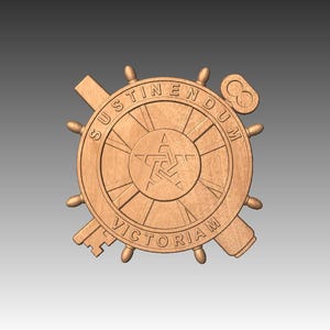Puede incluir: Un timón de barco de madera con una estrella y las palabras "Sustine Endum Victoriam" alrededor del borde.