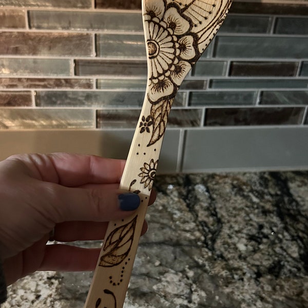 Wood Burned Bamboo wooden spoon. Free hand design. Food safe oiled and conditioned.