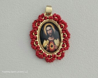 Sacred of Jesus Pendant with Red Beads | Gold Plated Chain Necklace