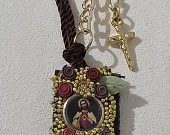 SCB-02 (.75 x .5 in) Sacred Heart, Scapular Saint Bracelet, Catholic, Religious Jewelry, Men's, Unix Jewelry, Catholic Gift