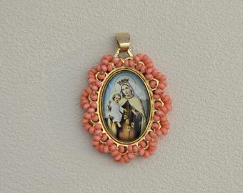 Our Lady of Mt. Carmel Pendant with Peach Beads | Gold Plated Chain Included