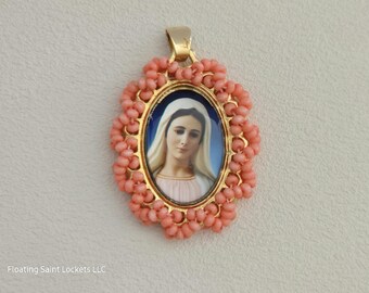 Virgin Mary Pendant with Peach Beads | Gold Plated Chain Necklace