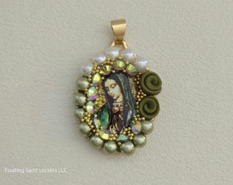 Our Lady of Guadalupe Pendant | White Green Pearls, Roses | Gold Plated Chain Included