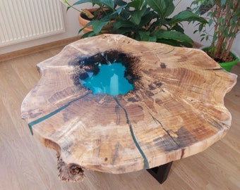 Live Edge Coffee Table Made From Natural Elm Slab, Rustic Coffee Table With Organic Shape Made From Elm Wood And Black Steel Legs