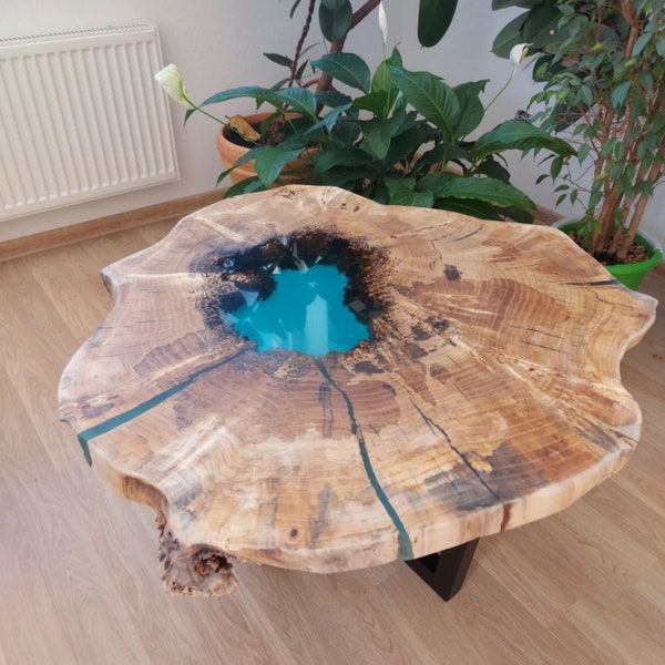 Live Edge Coffee Table Made From Natural Elm Slab, Rustic Coffee Table With Organic Shape Made From Elm Wood And Black Steel Legs