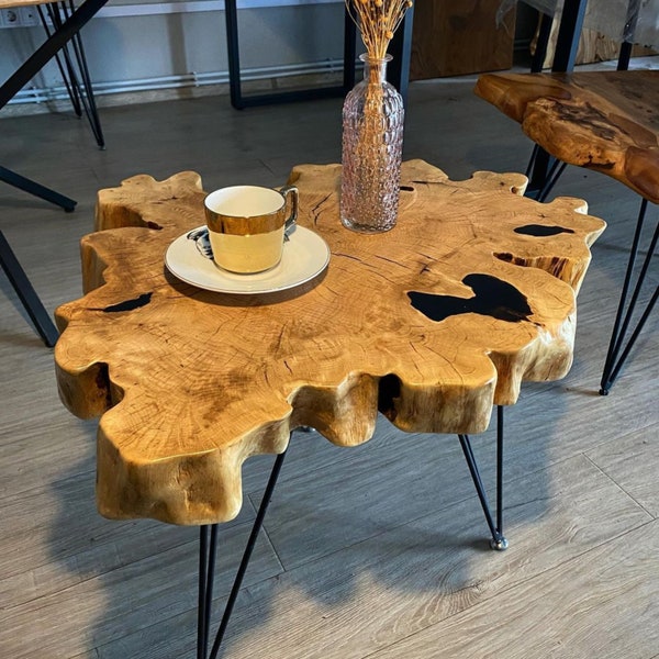 Live Edge Coffee Table Made From Natural Elm Slab, Rustic Coffee Table With Organic Shape Made From Elm Wood And Black Steel Legs