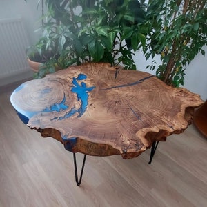 Live Edge Coffee Table Made From Natural Elm Slab, Rustic Coffee Table With Organic Shape Made From Elm Wood And Black Steel Legs