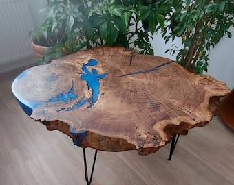 Stolik kawowy Live Edge wykonany z naturalnej płyty wiązu, rustykalny stolik kawowy o organicznym kształcie wykonany z drewna wiązu i czarnych stalowych nóg