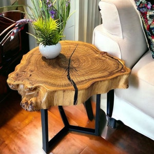 Gorgeous Elm Coffee Table Crafted From Solid Wood Slab With Resin Fillings, Small Live Edge Side Table Made From Elm, Wooden Elm End Table