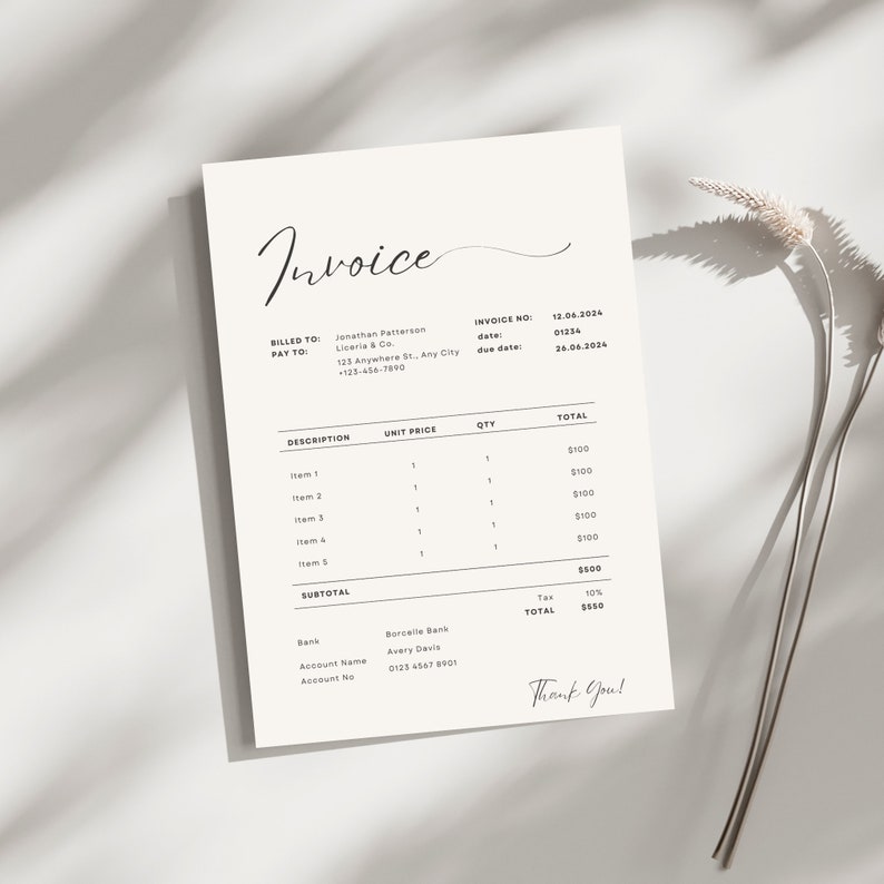 Invoice In Cursive Invoice Template. Minimalist Invoice Template, Invoice Editable ...
